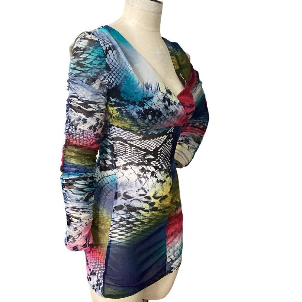 Women's Contemporary Ruched Sleeve Surplice Mini Dress Mixed Pattern S/M #186i - Picture 3 of 7